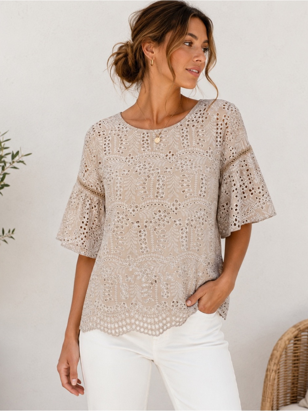 Tribal Jeans Eyelet Embroidered Bell Sleeve Top Beige P/S